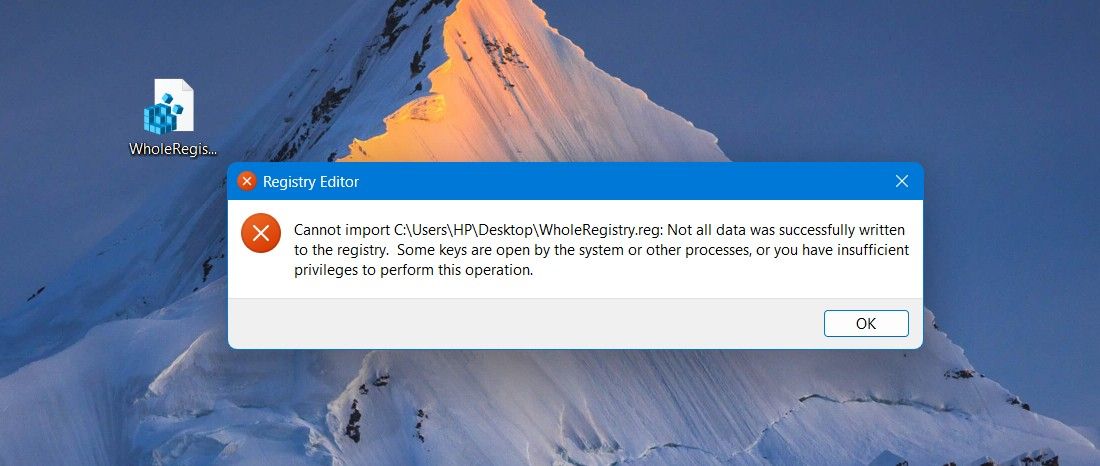 Сообщение об ошибке реестра Windows.