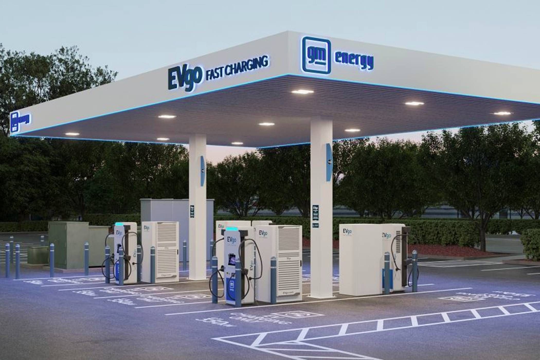 an ev go fast charging station with eight stalls