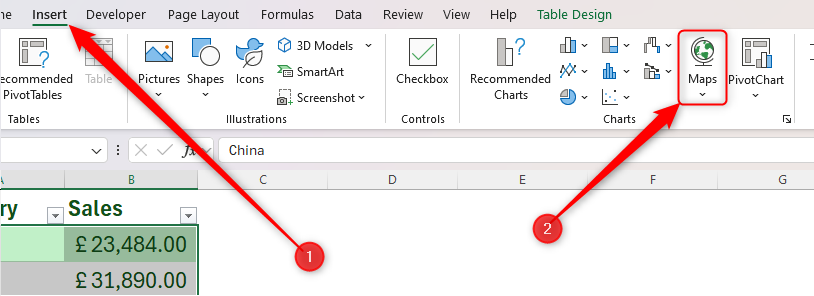 Excel's Insert tab and Maps icon.