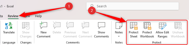 Excel's Review Tab, with the Protect group highlighted.