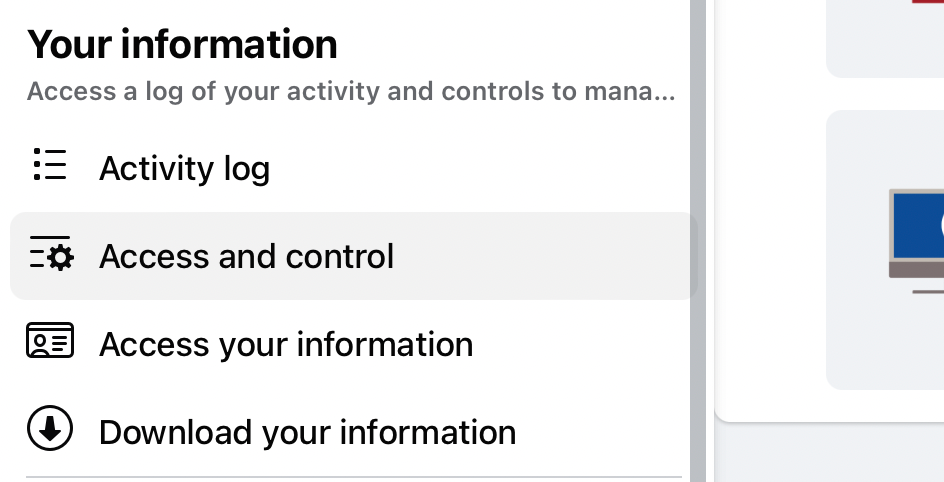 Facebook's Access and control option within the Page Settings.