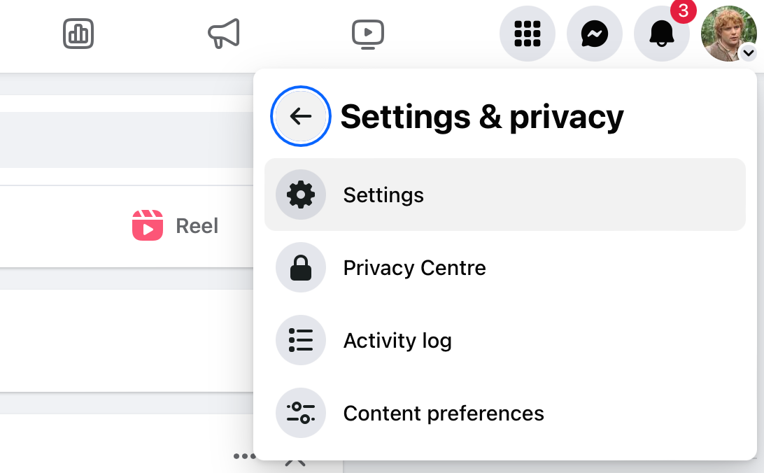 Facebook Settings and privacy menu.