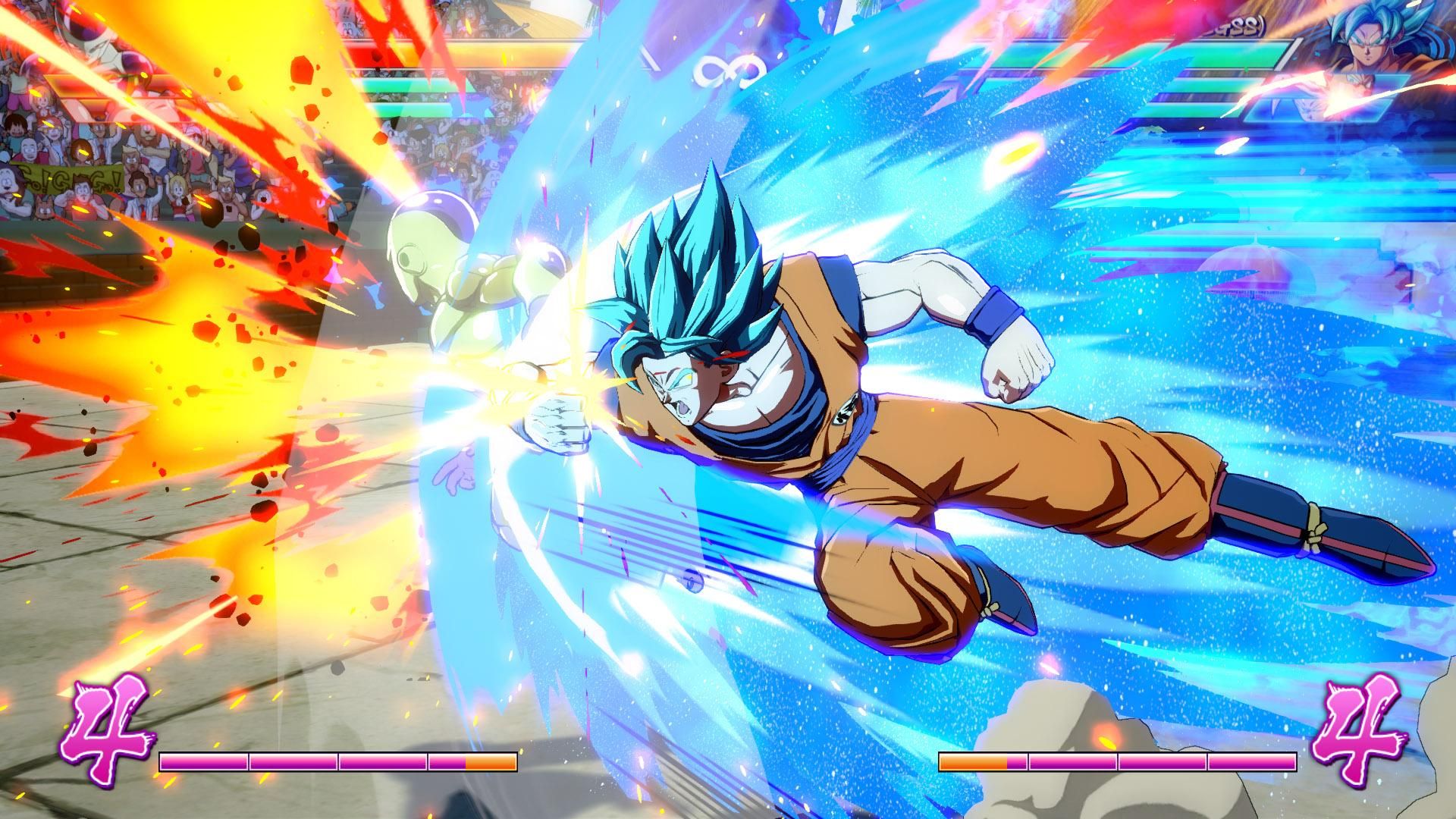 Goku hitting Frieza in Dragon Ball FighterZ.