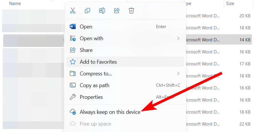 Making a file available offline in the OneDrive folder on Windows.