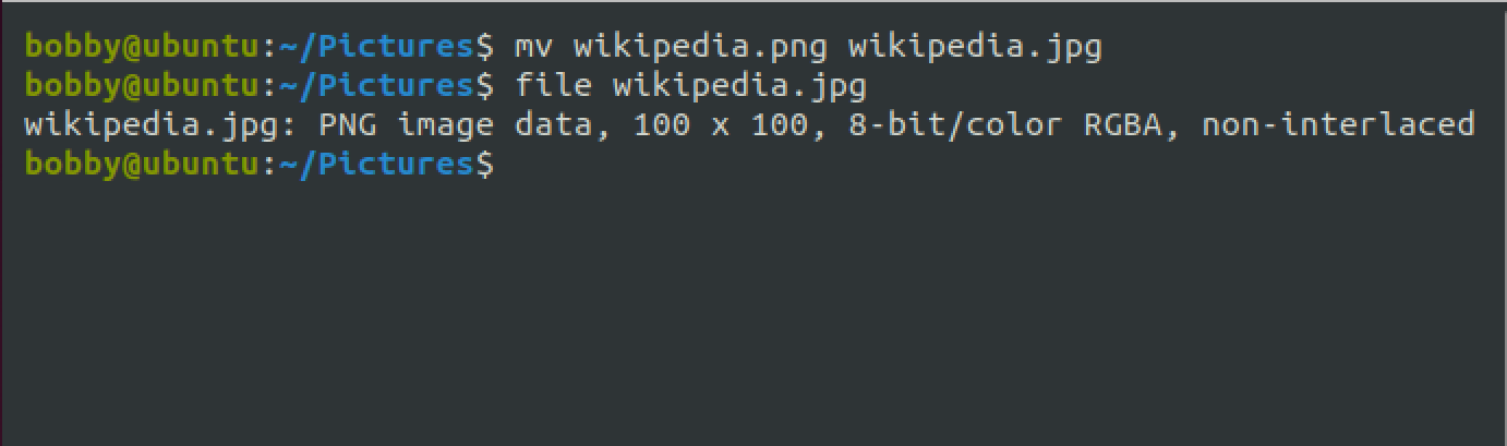 The linux file command showing the type of a PNG file with a .jpg extension.