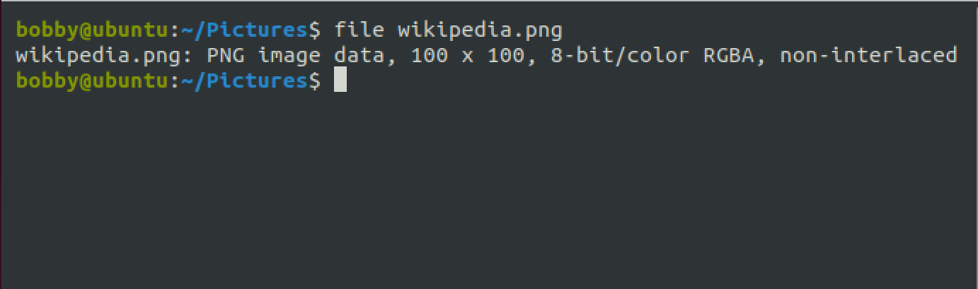 The linux file command showing the type of a PNG file with a .png extension.