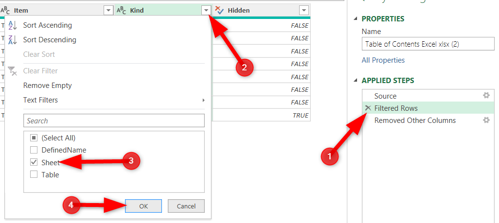 Filtering unnecessary sheets from the table of contents.