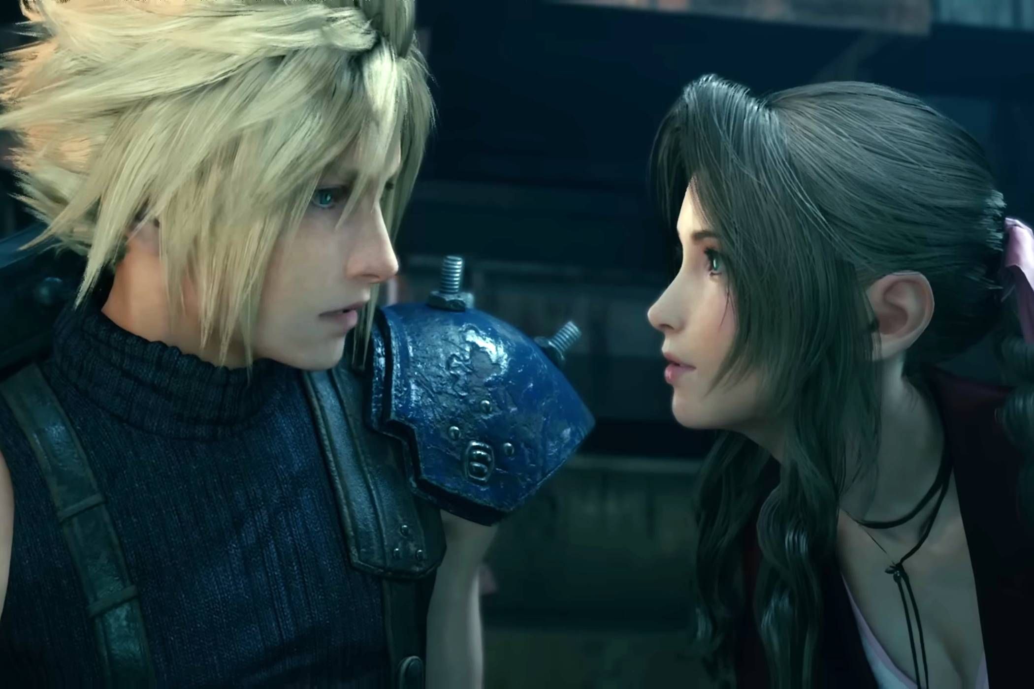 Cloud looking at Aerith in Final Fantasy VII Remake.