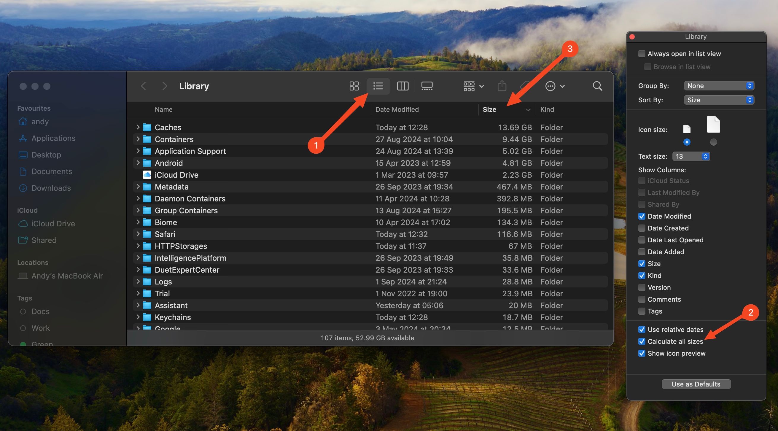 Find and sort the Caches folder in Finder.