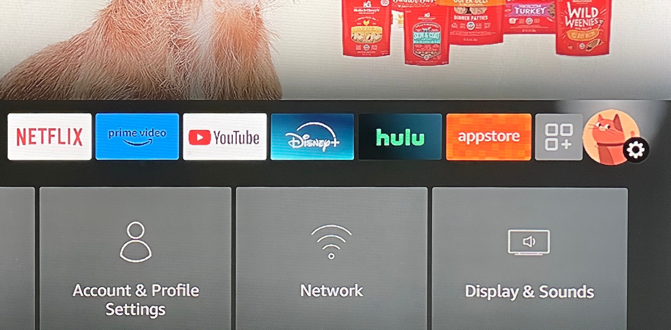 Settings option on a Fire TV device Home screen.