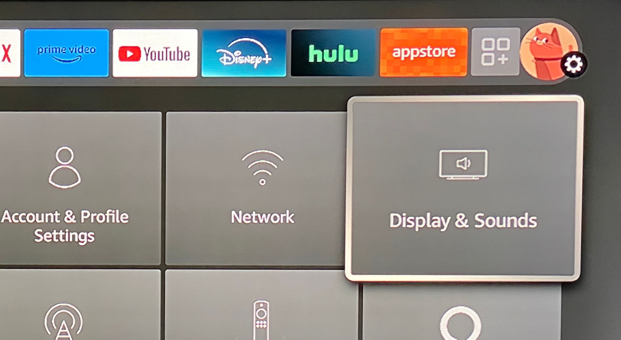 Display & Sounds menu option on a Fire TV device.