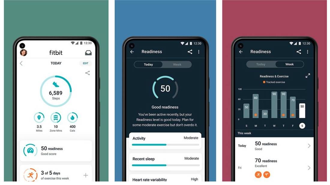 Screenshots of Fitbit's Daily Readiness Score feature.