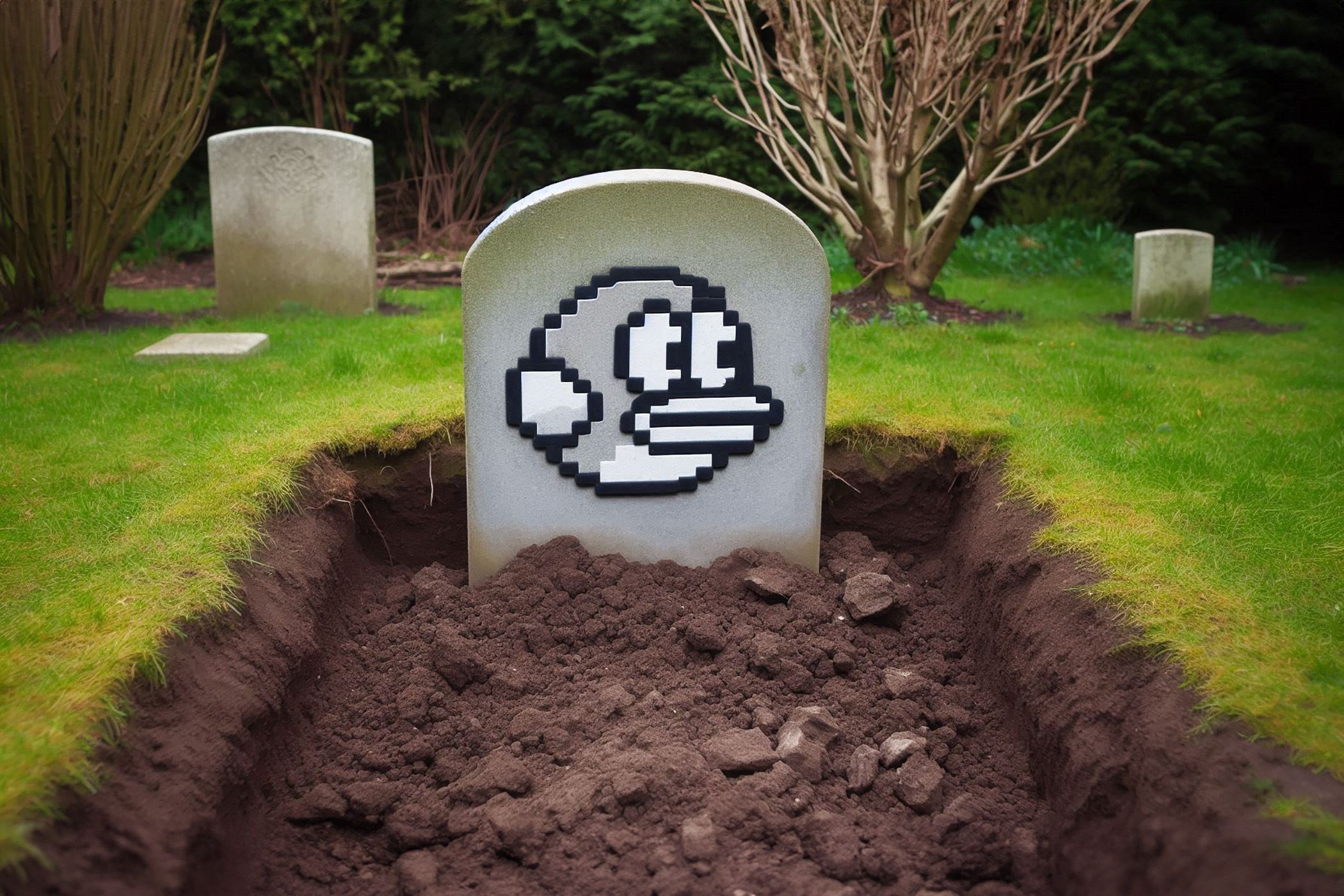 A dug up grave with a tombstone with the inscription of the title character of Flappy Bird