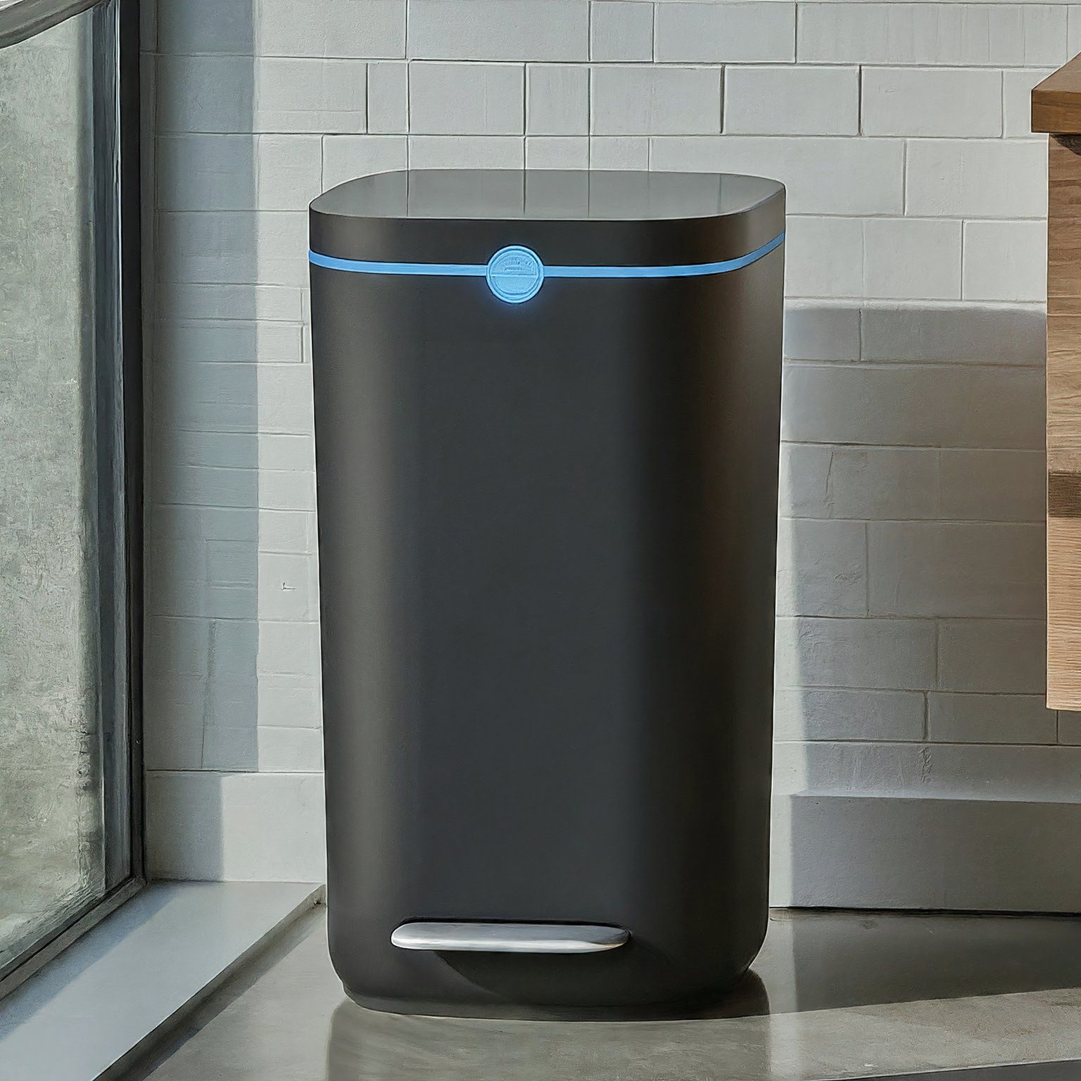 A smart trash can sitting in the corner of a room next to a window.