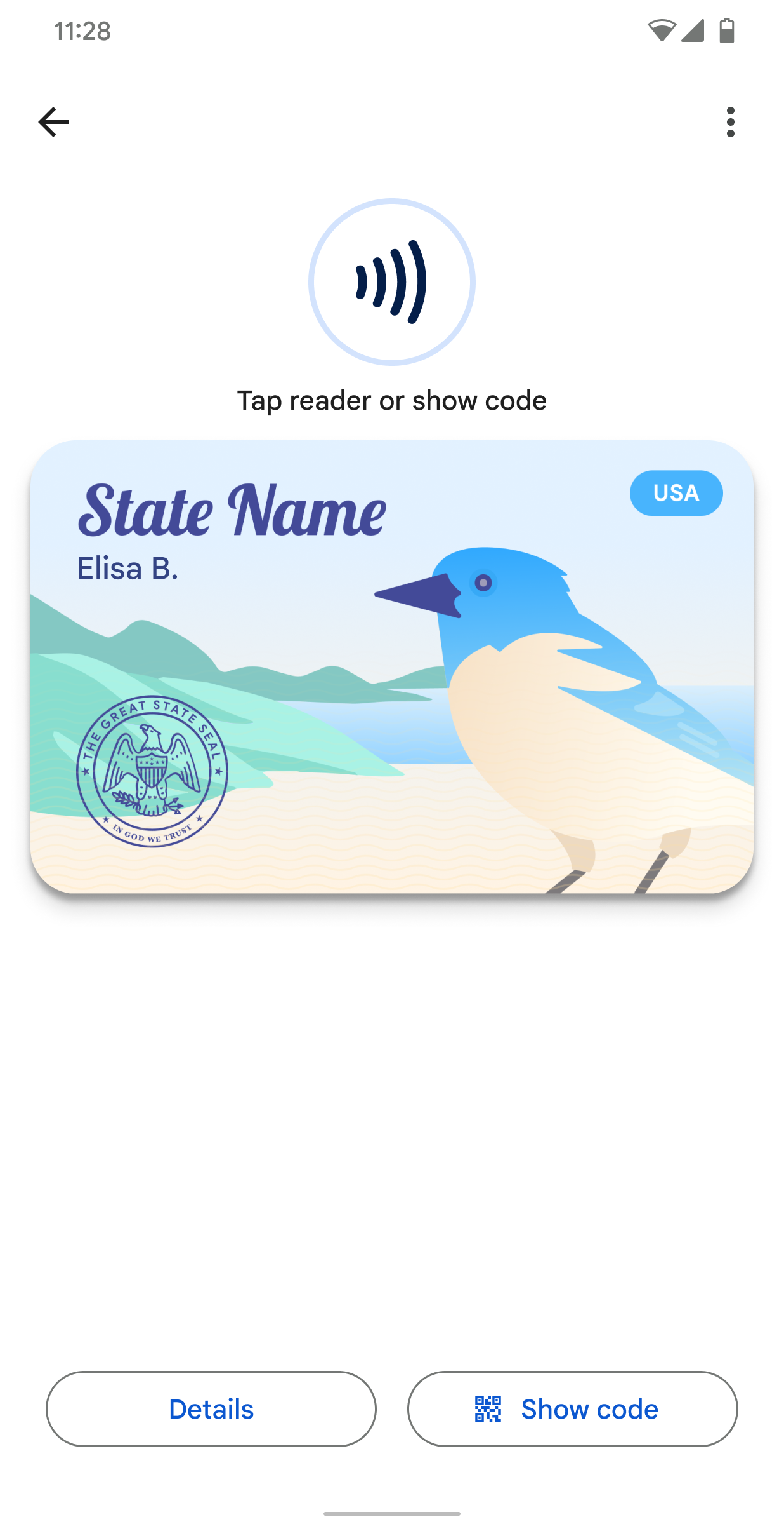 A state bird on an example State ID card