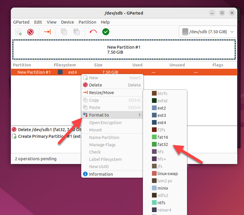 Right-click on an existing partition, hover over the Format To menu, then choose a file system from the options provided.