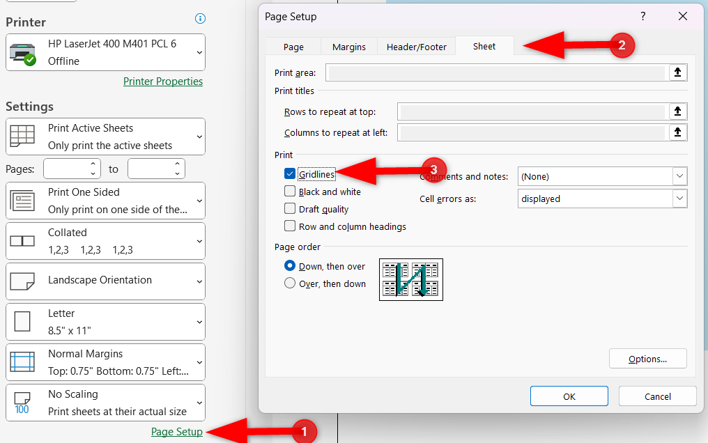 Checking 'Gridlines' in 'Sheet' tab of 'Page Setup' window.