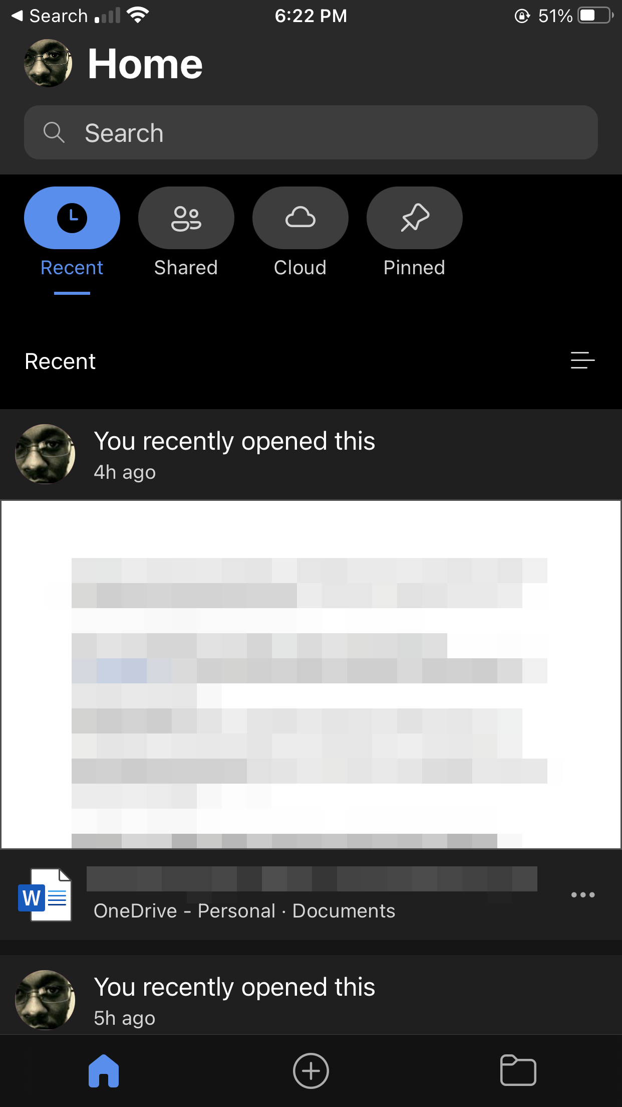 The homepage of Microsoft Word on iPhone.
