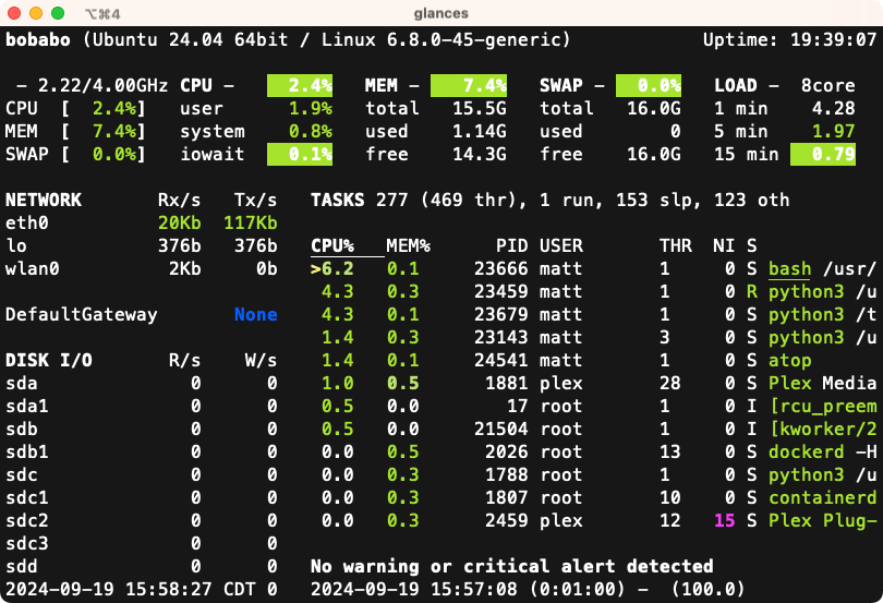 Glances provides clean, simple, at-a-glance details of you system performance.