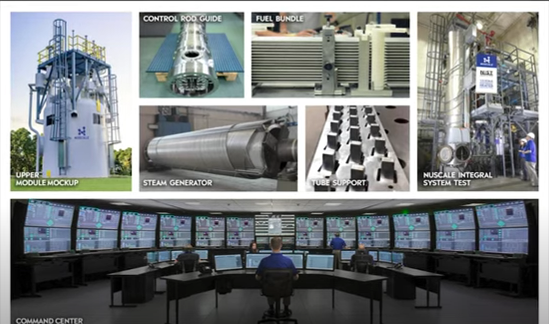 A screenshot of media from NuScale including their Simulated Command Center and various model mockups of an SMR.