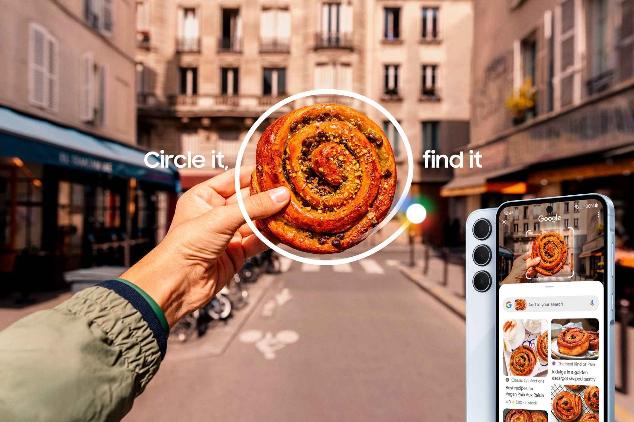 A circle around a cinnamon roll with the phone on the side searching for the image online.