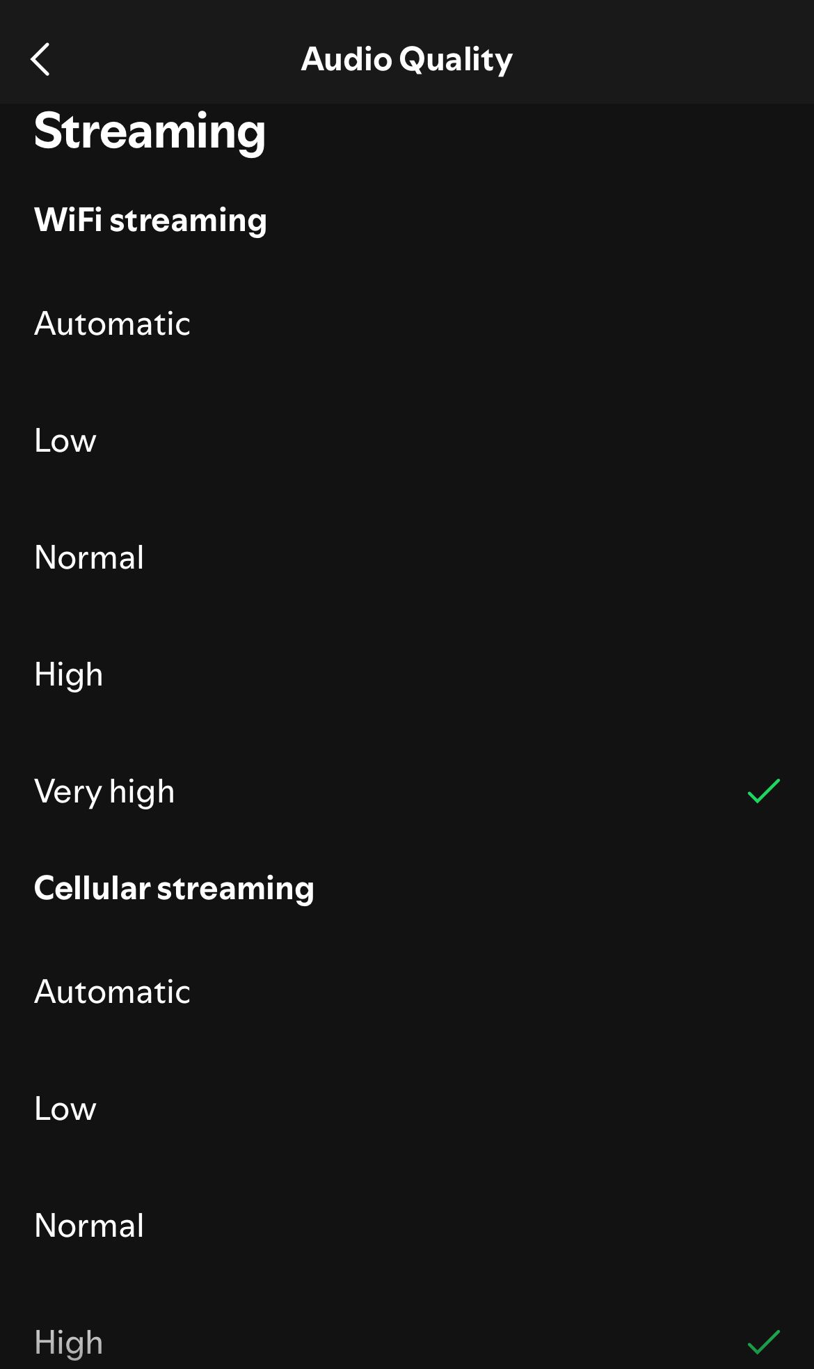 Audio quality options in Spotify settings.