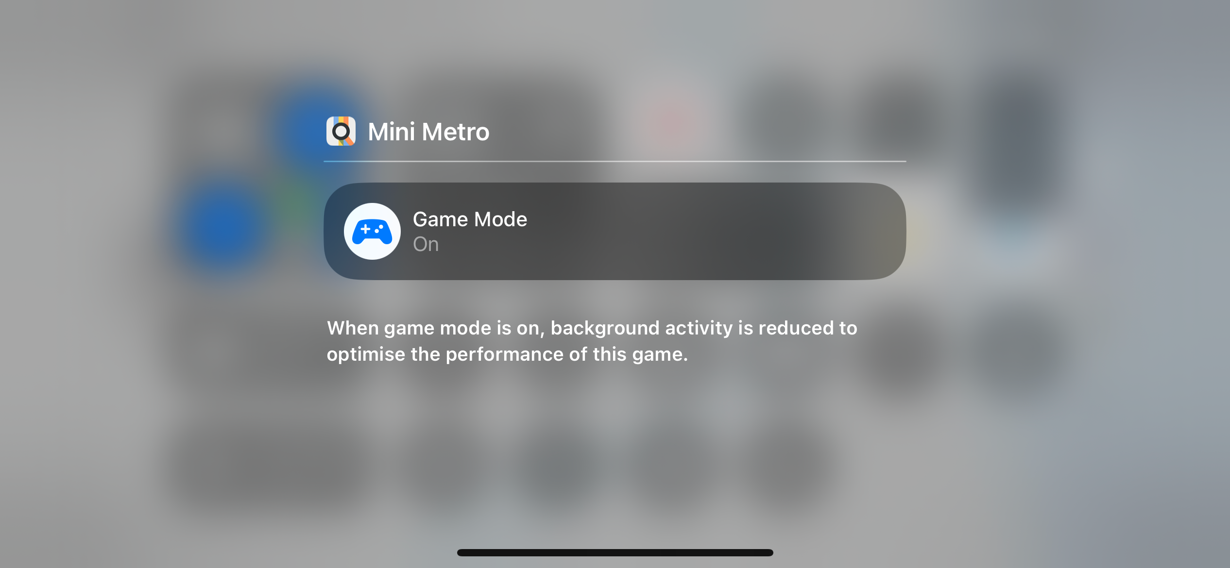 Game Mode toggle in for Mini Metro on iOS 18.