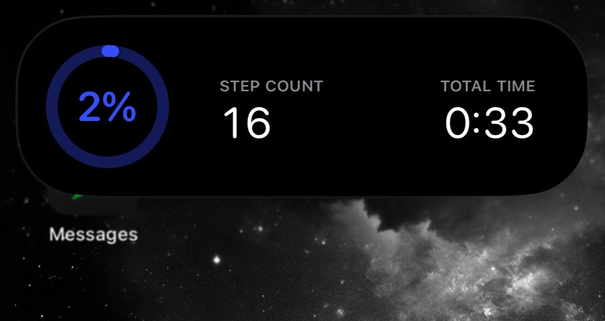 Step counter, time taken, and percentage of goal completed shown in Dynamic Island with Step Counter.