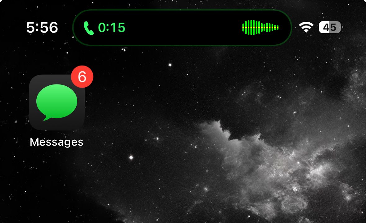 iPhone Home Screen with ongoing call shown in the Dynamic Island.