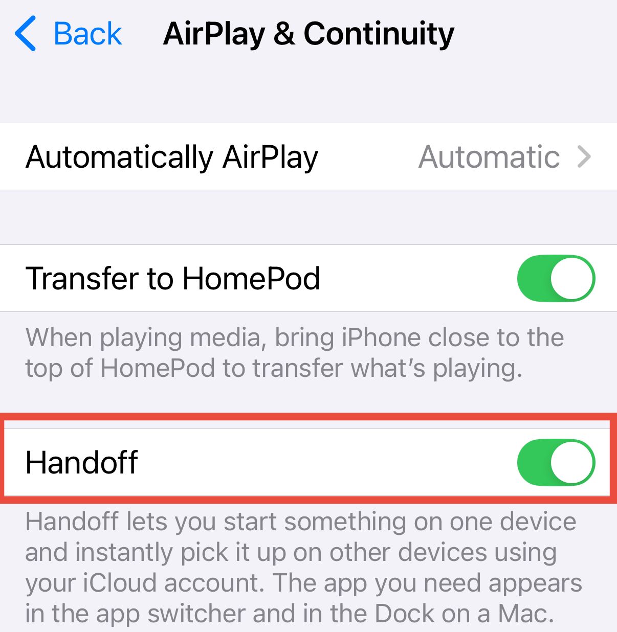 iPhone iOS 18 settings showing Handoff, Transfer to HomePod and Automatically AirPlay