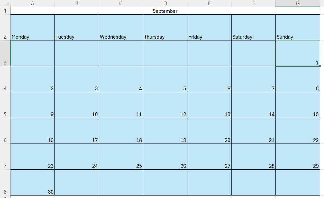 Inserting the days of the Week to calendar.