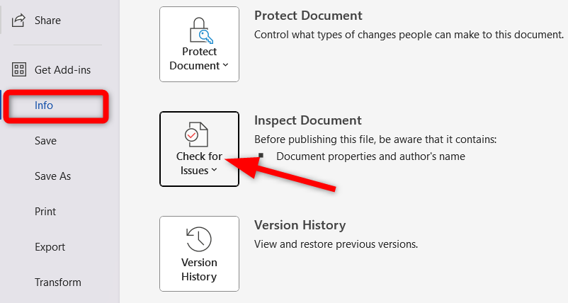 Inspecting document in Microsoft Word from the 'Info' option of 'File' menu.