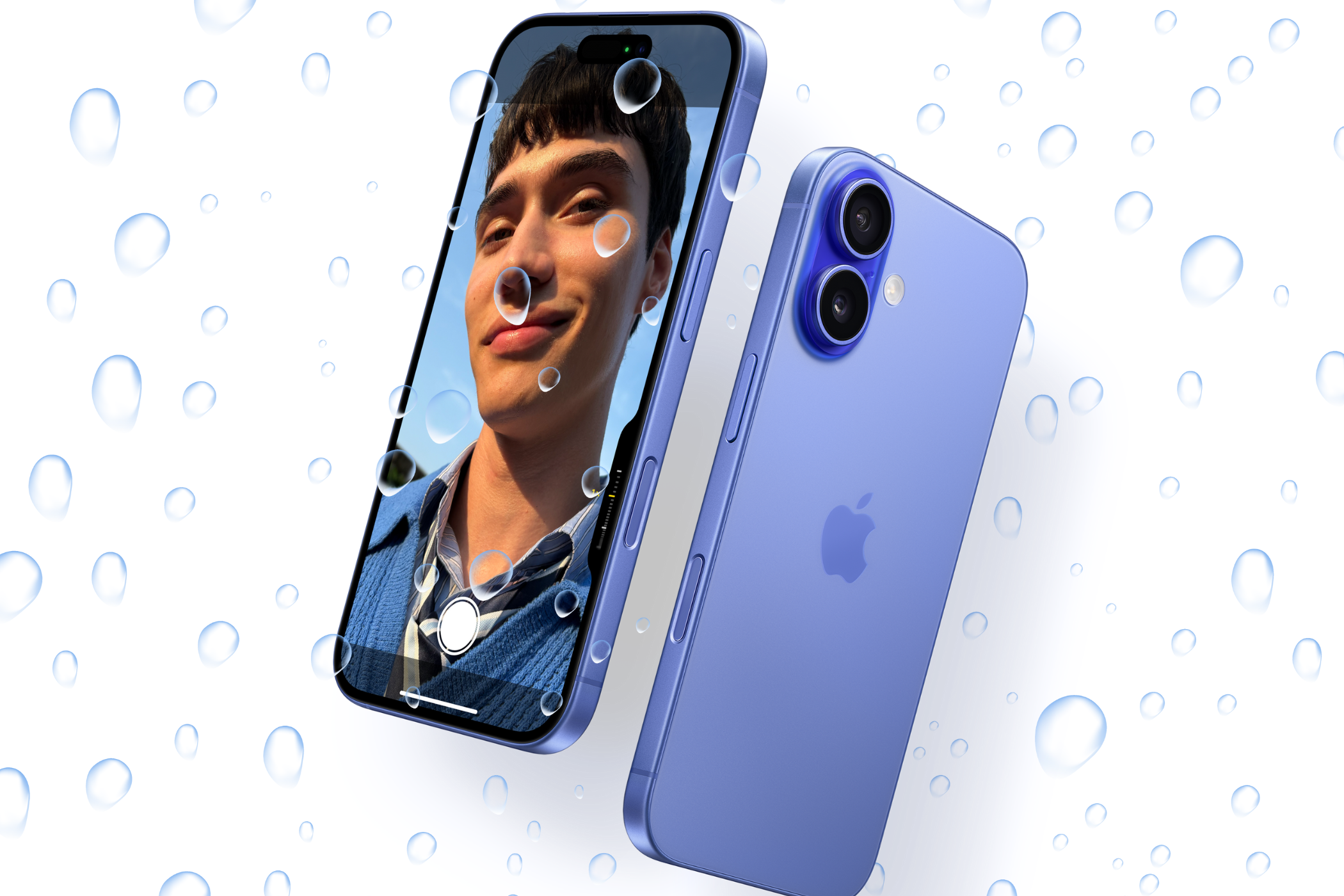 iPhone 16 in ultramarine color with water droplets in the background.