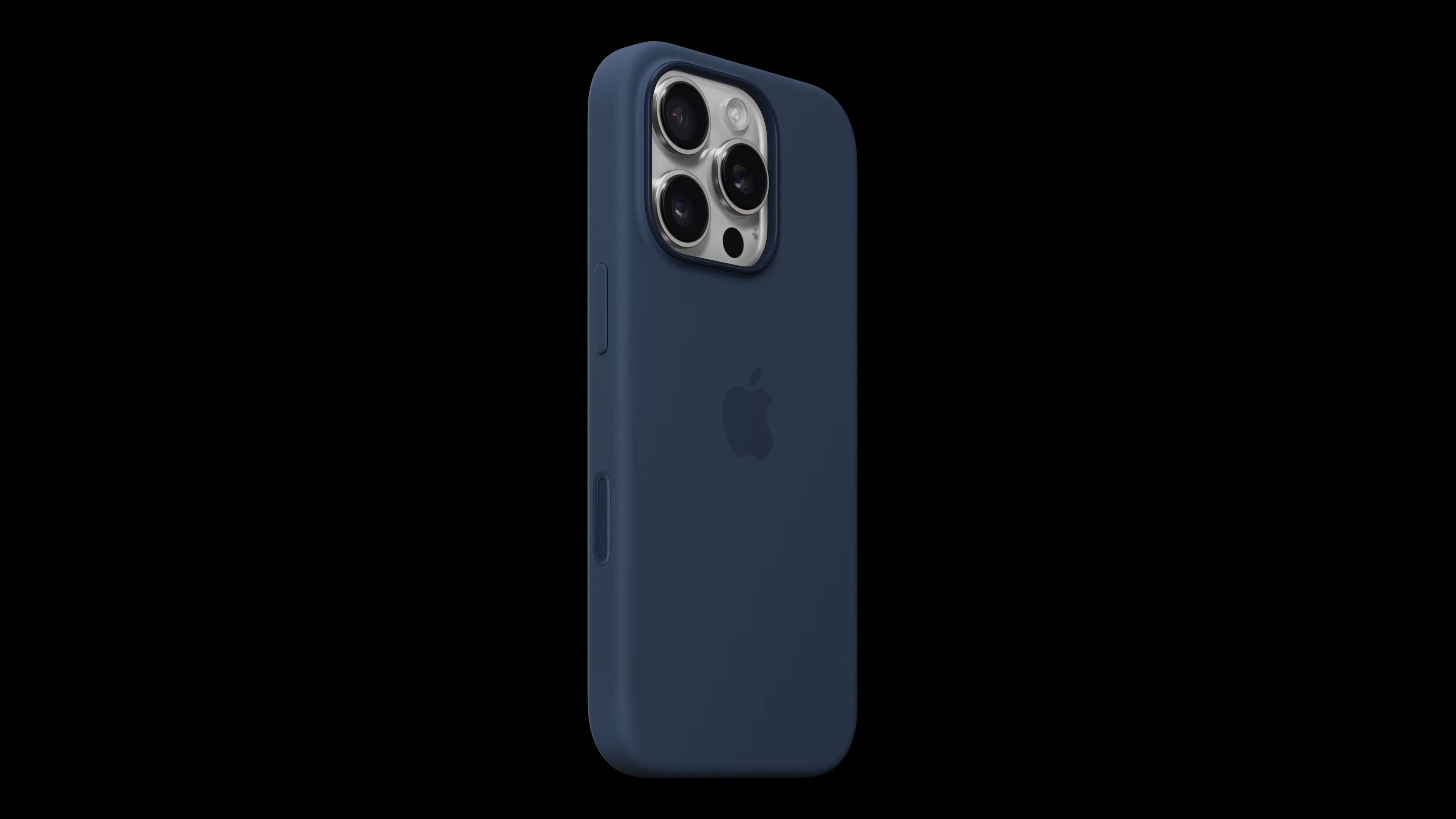 iPhone 16 Pro in Apple's silicon case, set against a sold black background.