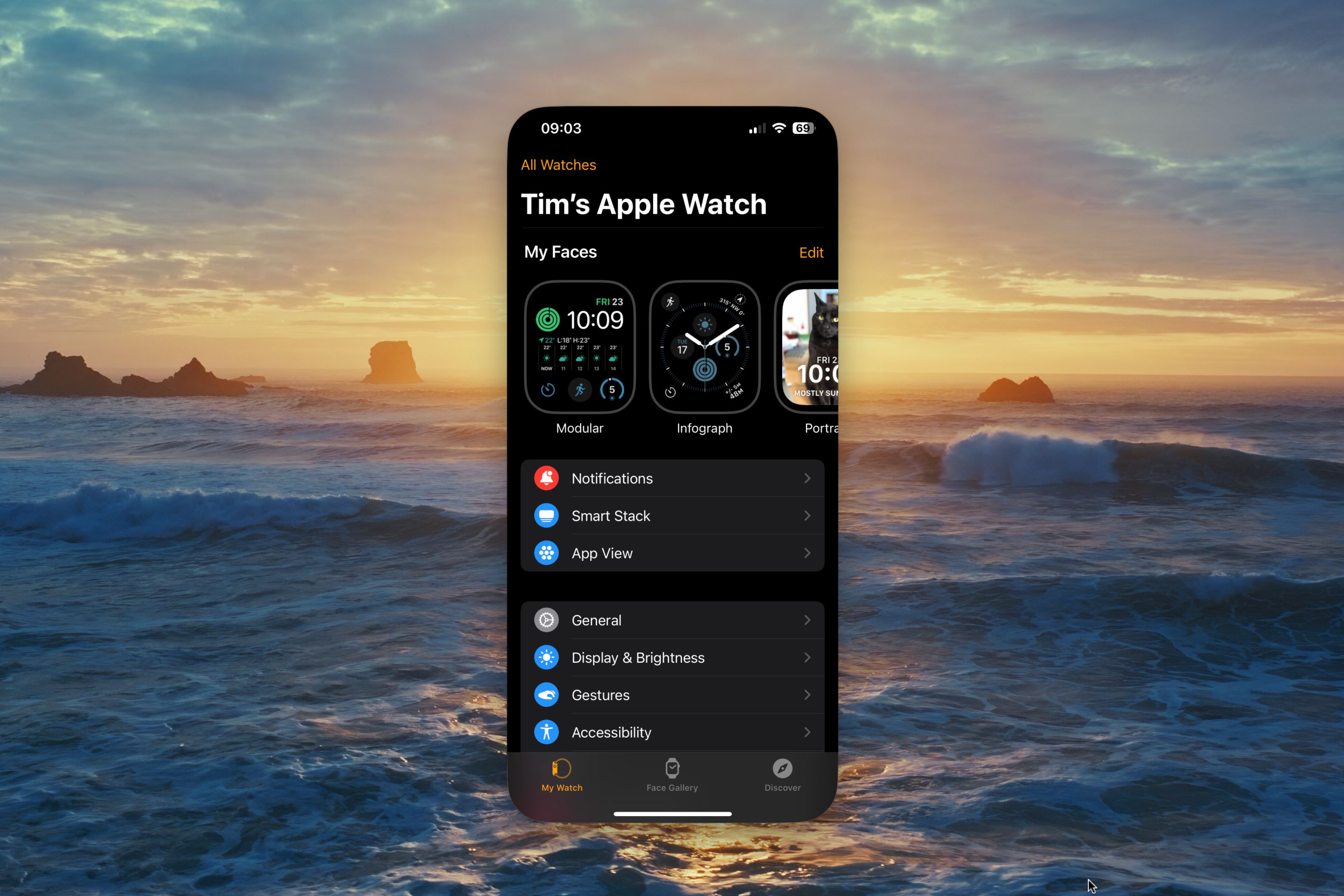 iPhone mirroring on macOS Sequoia showing the Watch app.