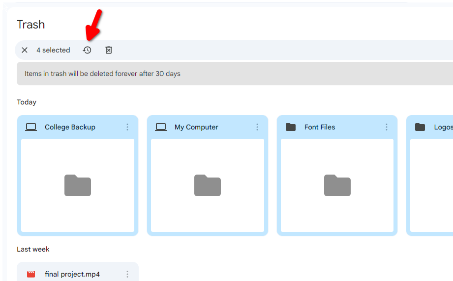 Restoring multiple files in Google Drive.