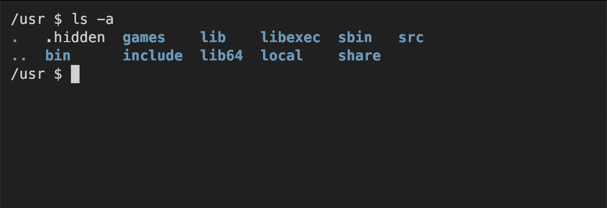 Terminal output of the ls -a command showing the special files . and ..