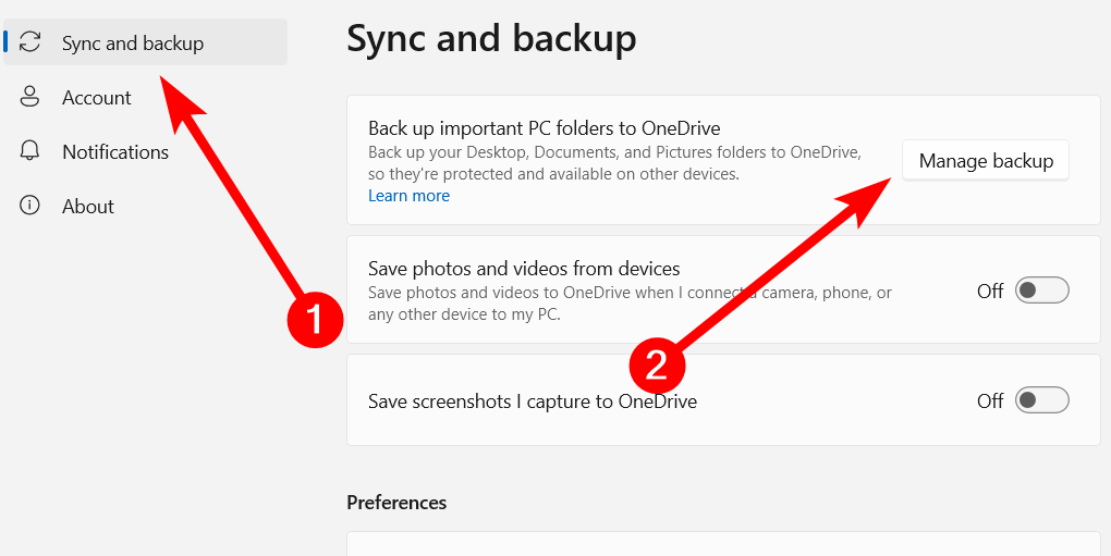 The "Manage Backup" option in the OneDrive app on Windows.