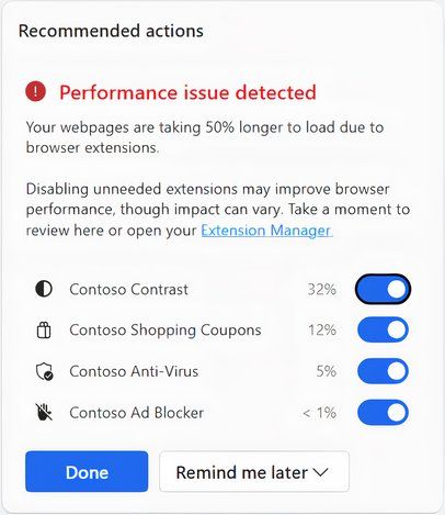 A prompt in Microsoft Edge about extensions affecting browsing performance.