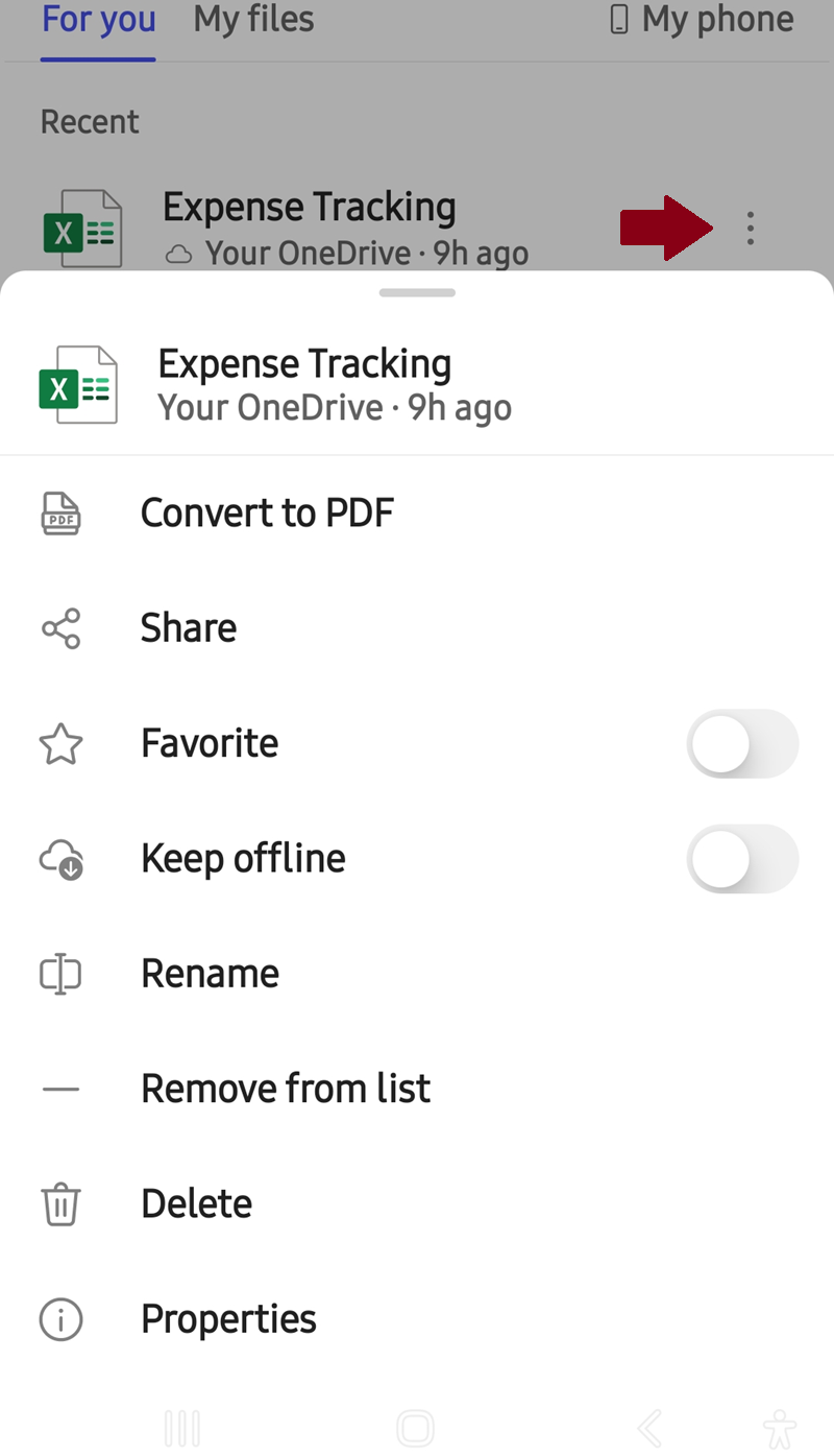  The file options in OneDrive section of Microsoft 365 app.