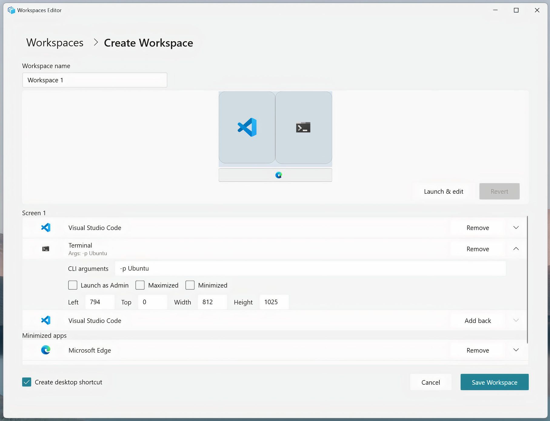 Creating a new Workspaces configuration in Microsoft PowerToys on Windows.