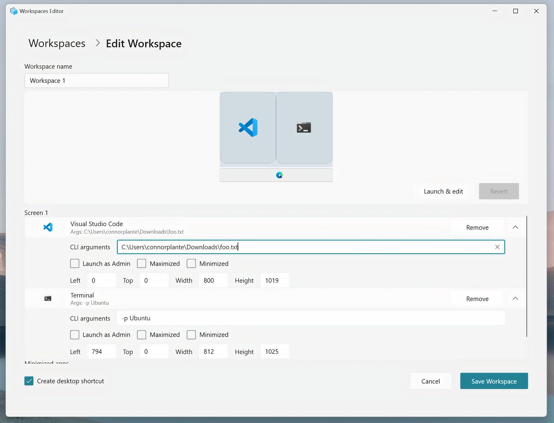 Editing an app's command line arguments in Workspaces on Microsoft PowerToys.