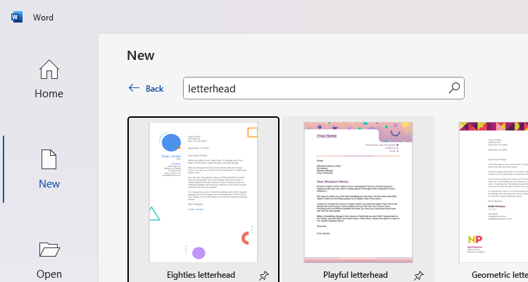 Microsoft Word's letterhead template options.