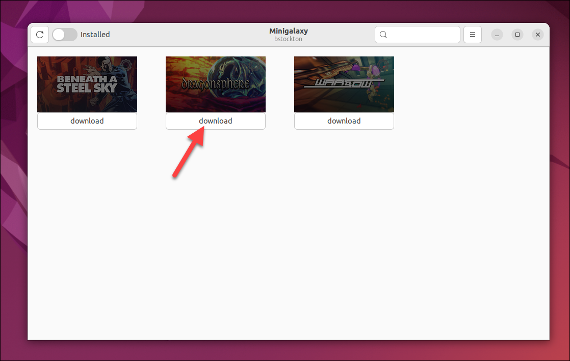 In Minigalaxy, tap the Download button beneath a game to begin installing it.