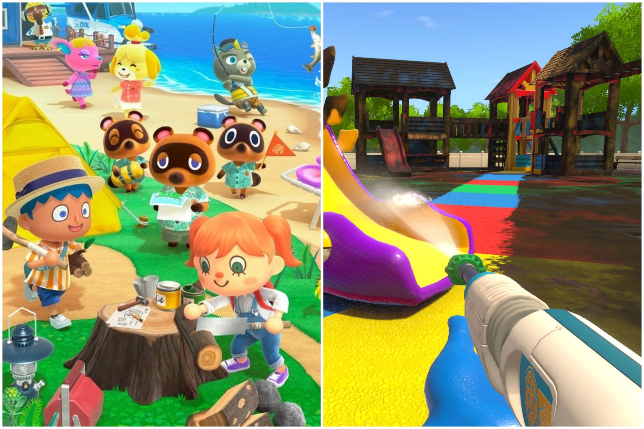 Promotional art for Animal Crossing: New Horizons next to a screenshot from Powerwash Simulator.