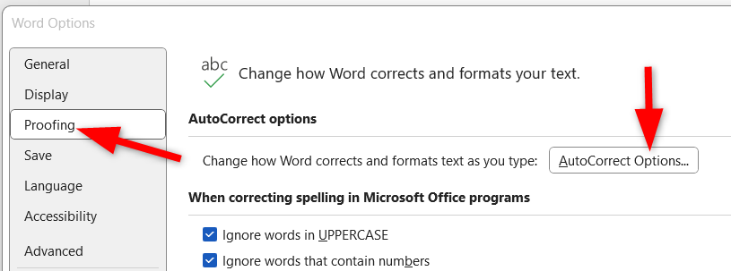 Navigating to 'AutoCorrect Options' of Microsoft Word.