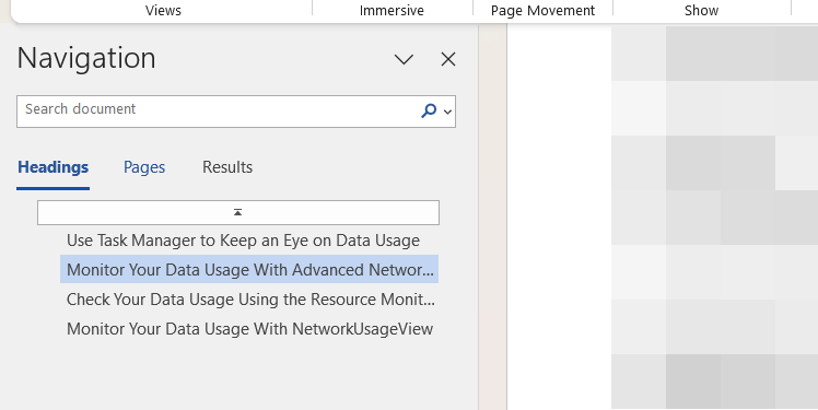 The Navigation Pane in Microsoft Word.