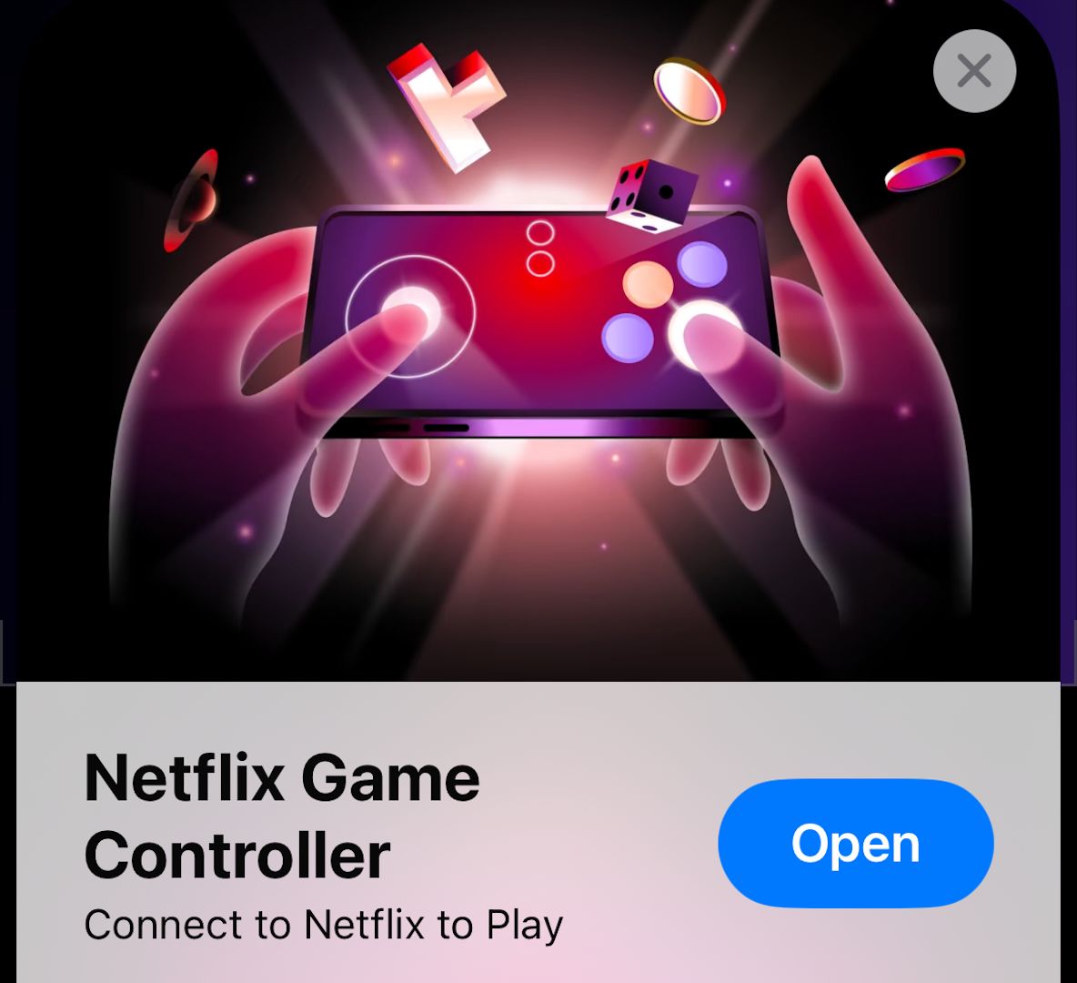 Prompt to open the Netflix Controller App to use a smartphone as a game controller.