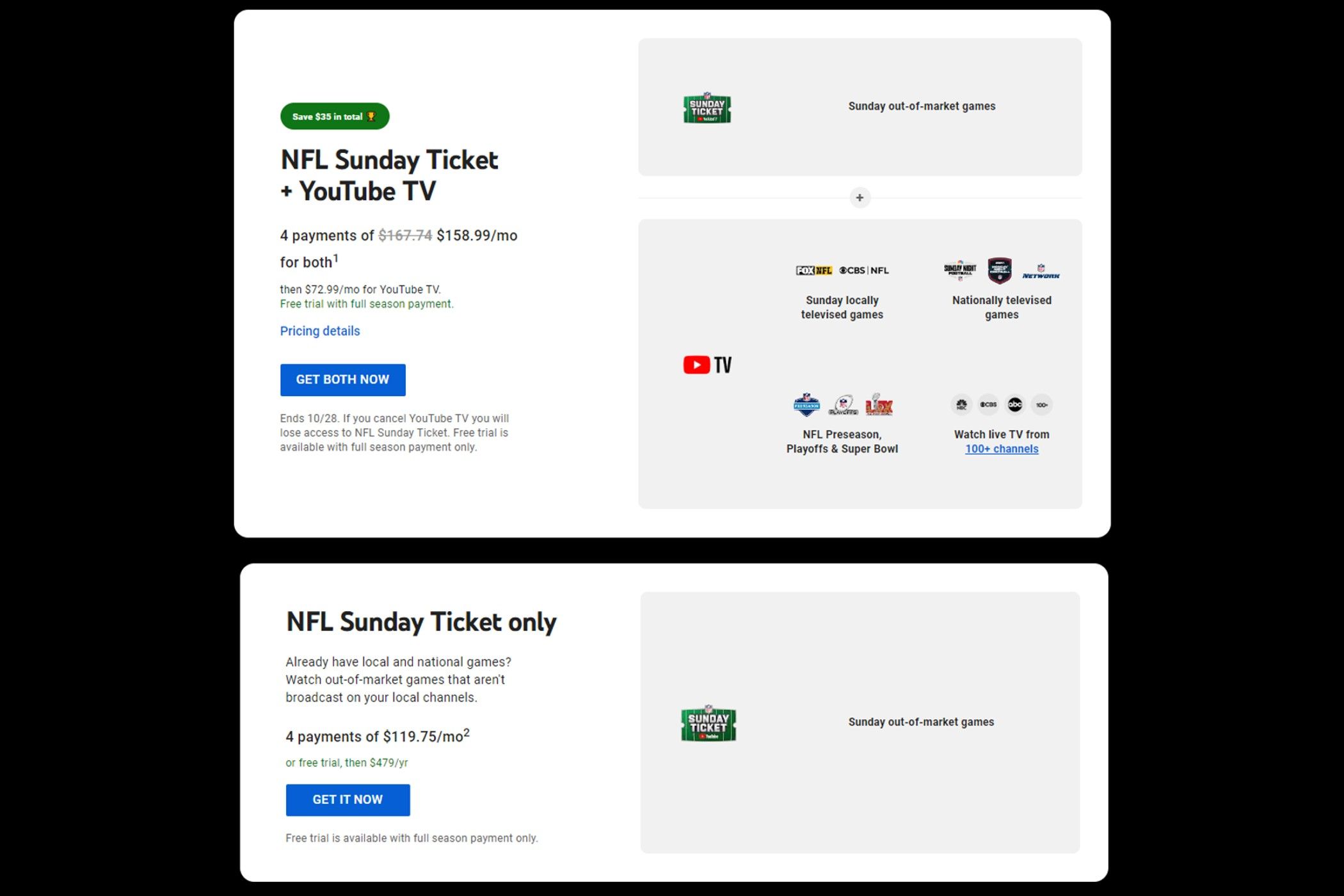 Two sunday ticket deals, with multiple logos of shows buyers can access