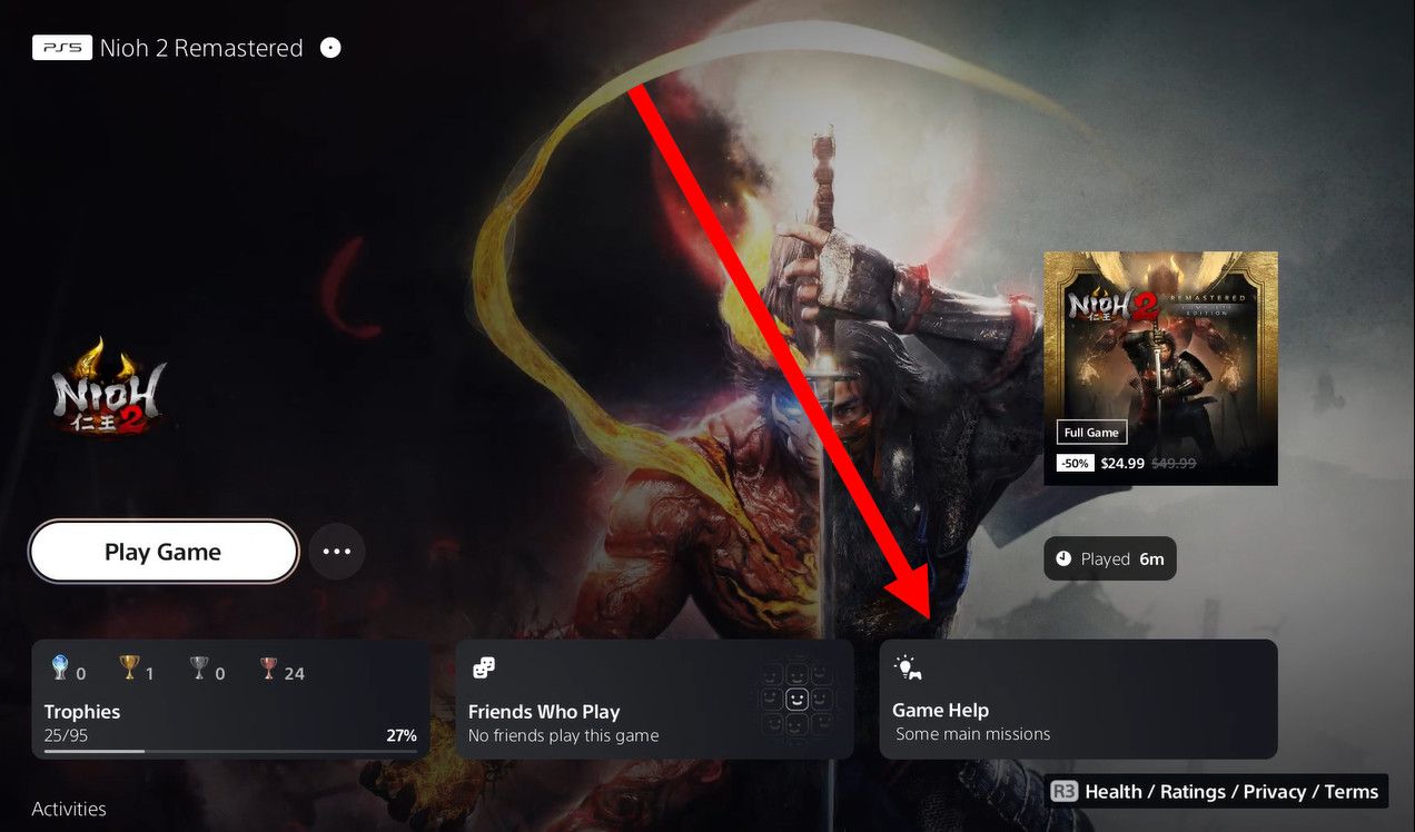 A red arrow pointing to the "Game Help" tab for Nioh 2 Remastered.